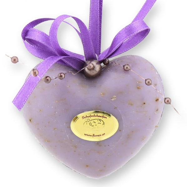 Sheep milk soap heart 60g hanging, decorated with a pearl ribbon, Lavender 