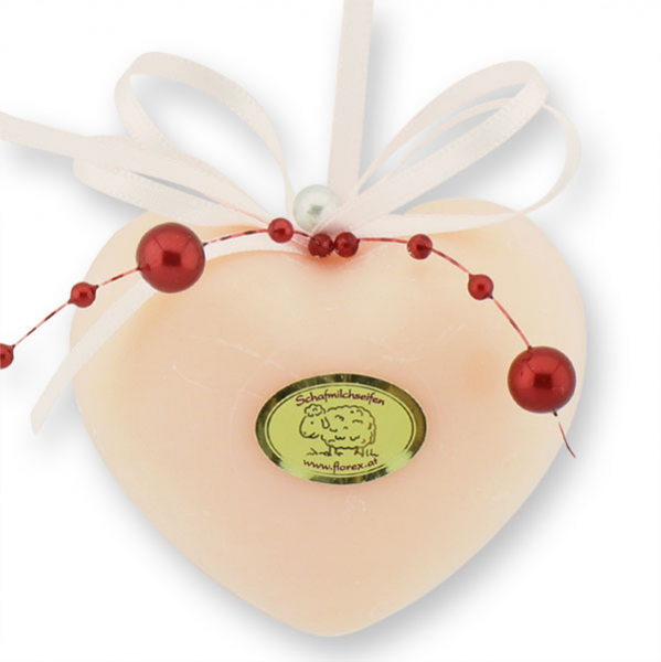 Sheep milk soap heart 60g hanging, decorated with a pearl ribbon, Peony 