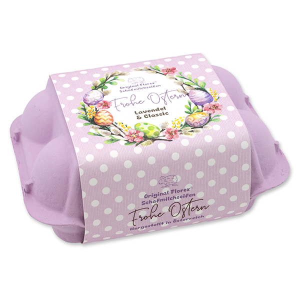 Schafmilchseifen Ostereier 61g "Frohe Ostern" im Eierkarton, Classic/Lavendel 
