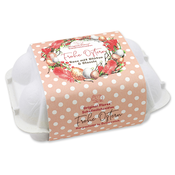 Schafmilchseifen Ostereier 61g "Frohe Ostern" im Eierkarton, Classic/Rose mit Blüten 