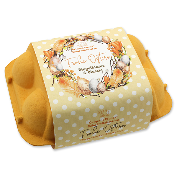 Sheep milk soap Easteregg 61g “Frohe Ostern” in an egg carton, classic/marigold 