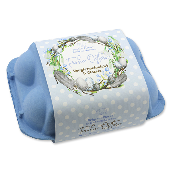 Sheep milk soap Easteregg 61g "Frohe Ostern" in an egg carton, classic/forget-me-not 