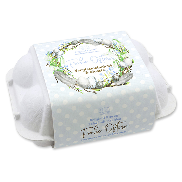 Sheep milk soap Easteregg 61g "Frohe Ostern" in an egg carton, classic/forget-me-not 