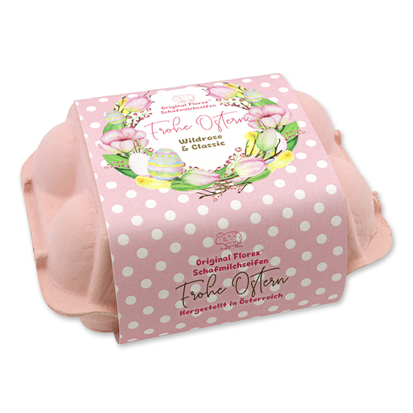 Schafmilchseifen Ostereier 61g "Frohe Ostern" im Eierkarton, Classic/Wildrose 