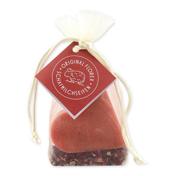 Sheep milk soap heart 85g, with rose petals in organza, Rose with petals 