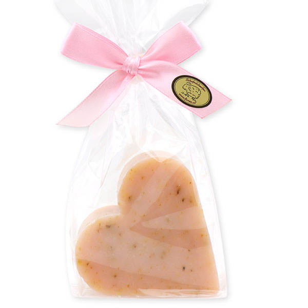 Sheep milk soap heart 85g, in a cellophane, Wild rose with petals 