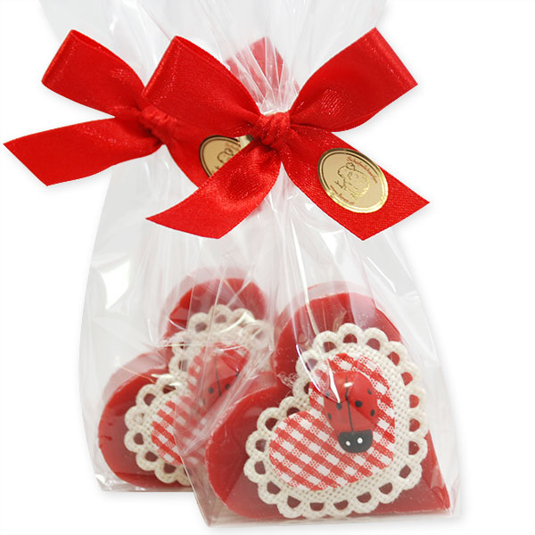 Sheep milk soap heart 65g, decorated with a heart in a cellophane, Pomegranate 