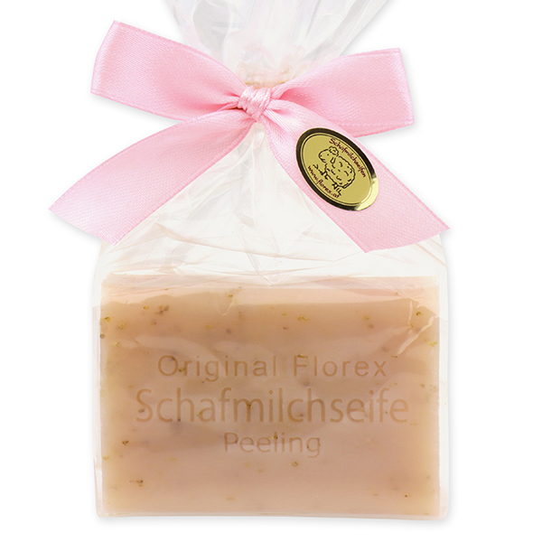 Sheep milk soap square 100g in a cellophane bag, Peeling rose 