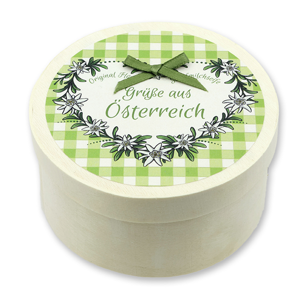 Schafmilchseife Herz midi plus 65g mit Zirbenspäne in Spanschachtel "Grüße aus Österreich", Edelweiß 