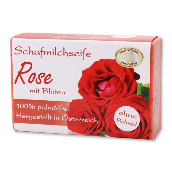 Palmölfreie Schafmilchseife eckig 150g modern, Rose mit Blüten 