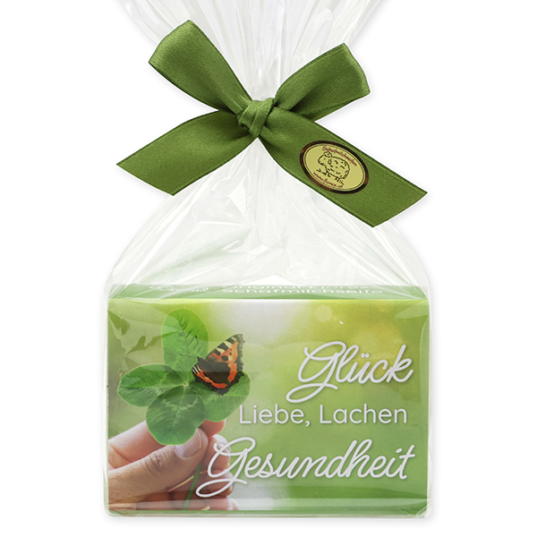 Sheep milk soap 150g in a cellophane "Glück, Liebe, Lachen, Gesundheit", Verbena 