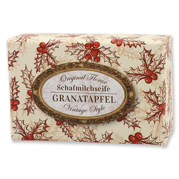 Schafmilchseife eckig 150g "Vintage-Motiv 181", Granatapfel 