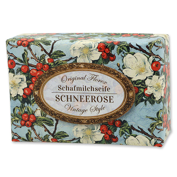 Schafmilchseife eckig 150g "Vintage-Motiv 209", Schneerose 