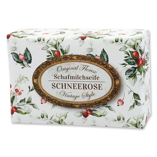 Schafmilchseife eckig 150g "Vintage-Motiv 218", Schneerose 