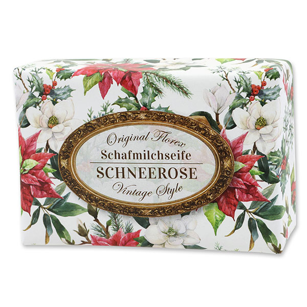 Schafmilchseife eckig 150g "Vintage-Motiv 219", Schneerose 