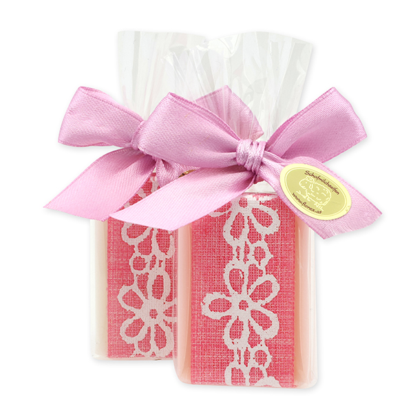 Schafmilchseife Gästeseife 25g dekoriert mit Blumenband in Cello, Classic/Pfingstrose 