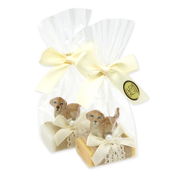 Schafmilchseife Gästeseife 25g dekoriert mit Hund in Cello, Classic/Zirbe 