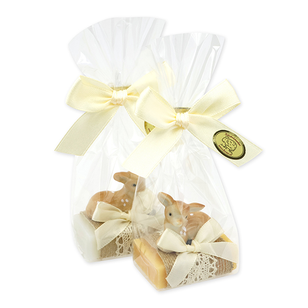 Sheep milk guest soap 25g decorated with a fawn in a cellophane, Classic/swiss pine 