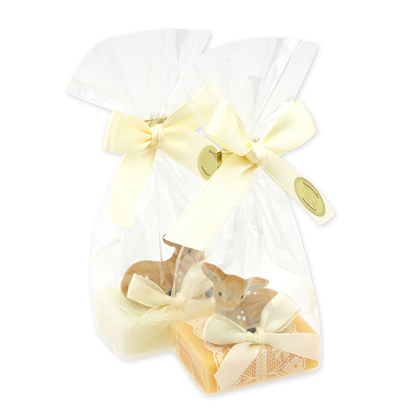 Sheep milk guest soap 25g decorated with a fawn in a cellophane, Classic/swiss pine 
