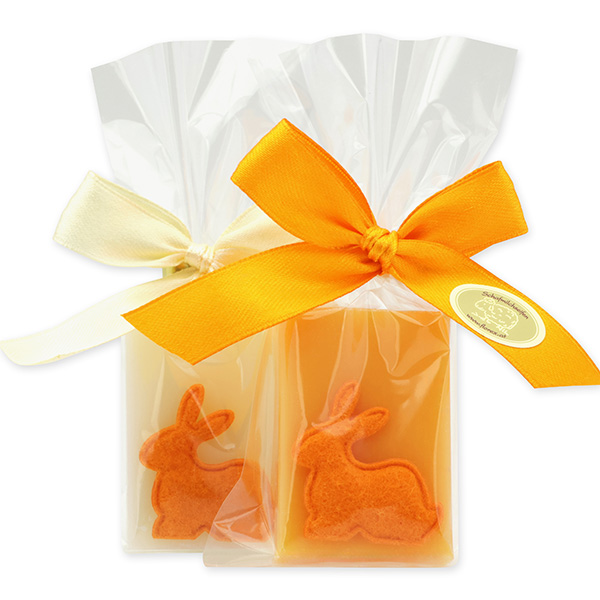 Schafmilchseife Gästeseife 25g dekoriert mit Filzhase in Cello, Classic/Orange 