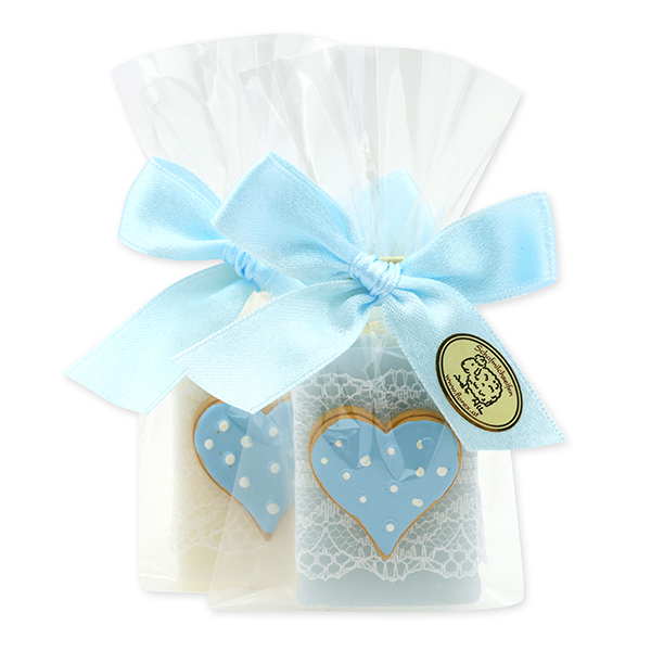 Schafmilchseife Gästeseife 25g dekoriert mit Herz in Cello, Classic/Vergissmeinnicht 