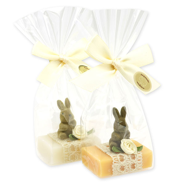 Sheep milk guest soap 25g decorated with a rabbit in a cellophane bag, Classic/Swiss pine 