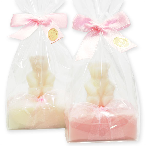 Sheep milk soap 100g, decorated with a soap teddy bear 25g in a cellophane, Classic/peony 