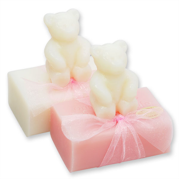 Sheep milk soap 100g, decorated with a soap teddy bear 25g, Classic/peony 