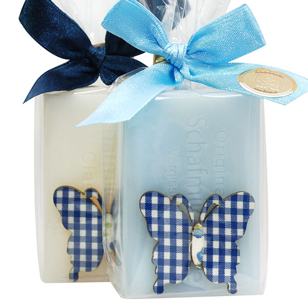 Sheep milk soap 100g, decorated with a butterfly in a cellophane, Classic/'forget-me-not' 