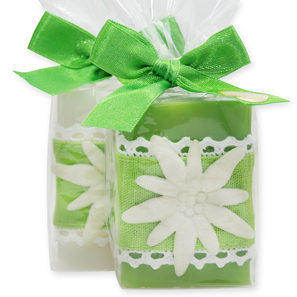 Sheep milk soap 100g, decorated with an edelweiss in a cellophane, Edelweiss/green apple 