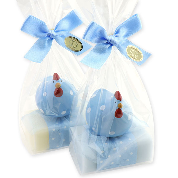 Sheep milk soap 100g, decorated with a chicken in a cellophane, Classic/'forget-me-not' 