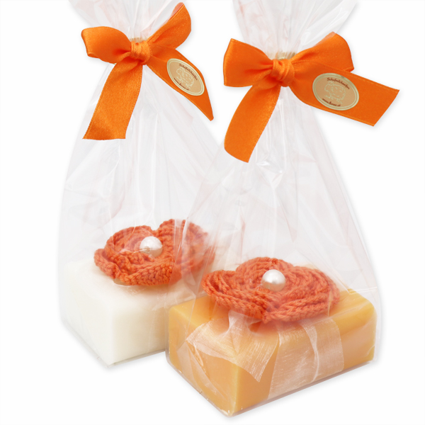 Sheep milk soap 100g, decorated with a crochet flower in a cellophane, Classic/orange 