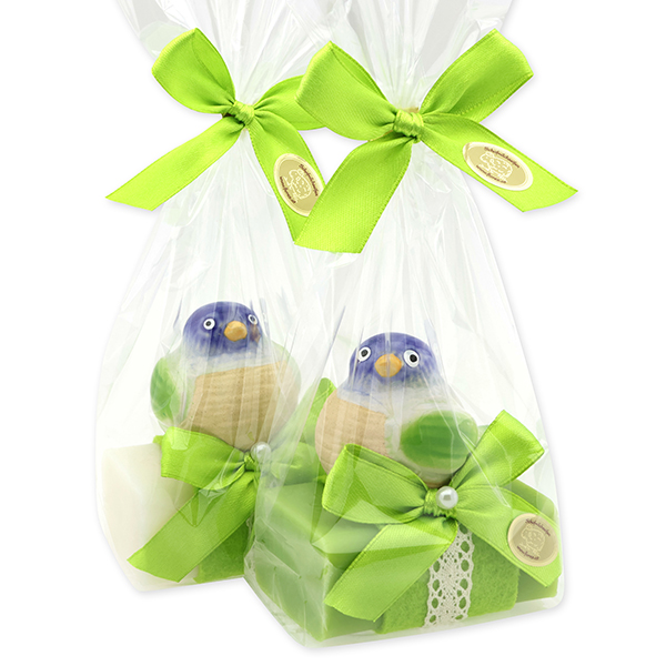 Schafmilchseife eckig 100g dekoriert mit Vogel in Cello, Classic/Birne 
