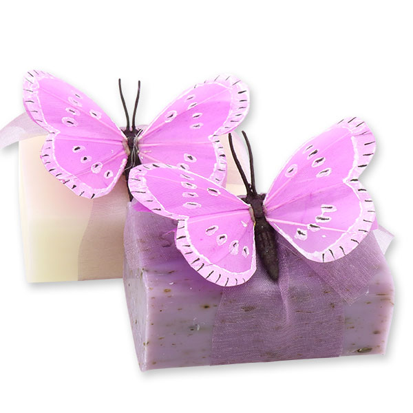 Schafmilchseife eckig 100g, dekoriert mit Schmetterling, Classic/Lavendel 