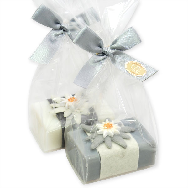 Sheep milk soap 100g, decorated with an edelweiss in a cellophane, Edelweiss white/silver 