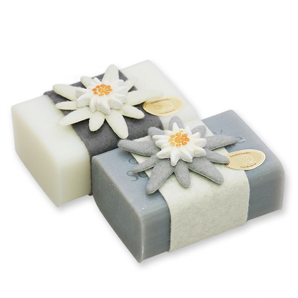 Sheep milk soap 100g, decorated with an edelweiss, Edelweiss white/silver 