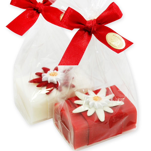 Sheep milk soap 100g, decorated with an edelweiss in a cellophane, Edelweiss/pomegranate 