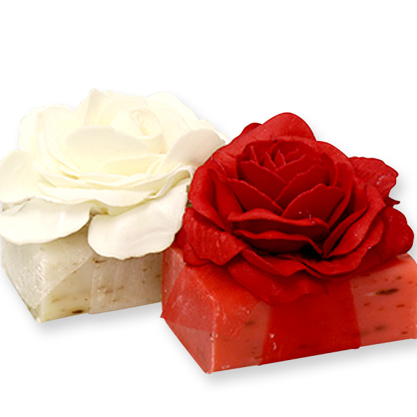 Schafmilchseife eckig 100g, dekoriert mit Rose, Rose Annabelle/Rose mit Blüten 