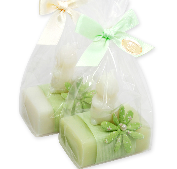 Sheep milk soap 100g decorated with a soap rabbit 23g in a cellophane, Classic/meadow flower 