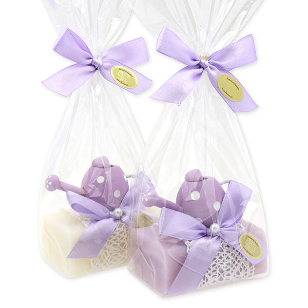 Sheep milk soap 100g decorated with an watering can in a cellophane, Classic/lilac 