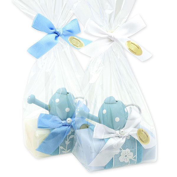 Sheep milk soap 100g decorated with an watering can in a cellophane, Classic/forget-me-not 