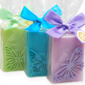 Sheep milk soap 100g, decorated with a butterfly in a cellophane, sorted 