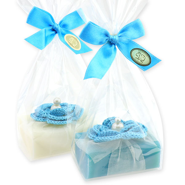 Sheep milk soap 100g, decorated with a crochet flower in a cellophane, Classic/cornflower 