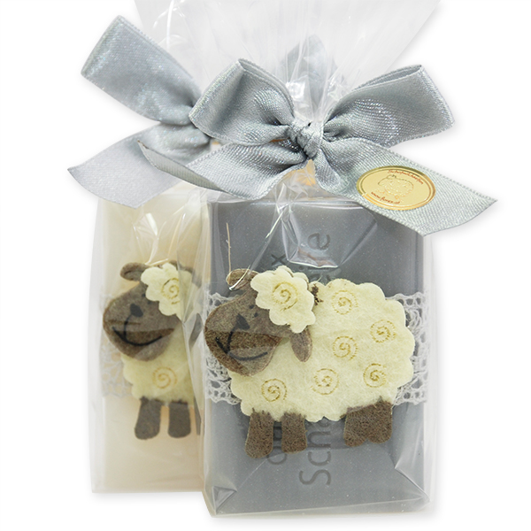 Sheep milk soap 100g, decorated with a sheep in a cellophane, Classic/edelweiss silver 