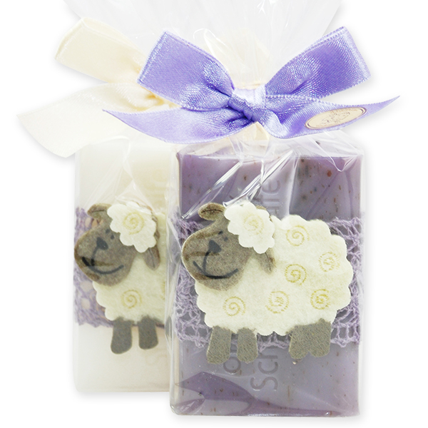 Sheep milk soap 100g, decorated with a sheep in a cellophane, Classic/lavender 