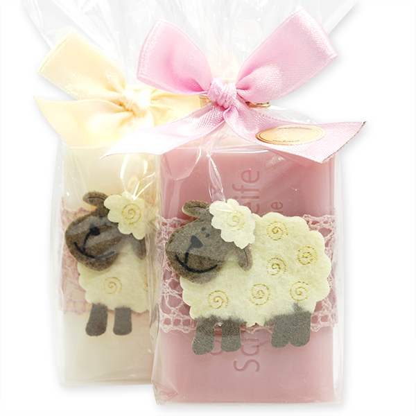 Sheep milk soap 100g, decorated with a sheep in a cellophane, Classic/magnolia 