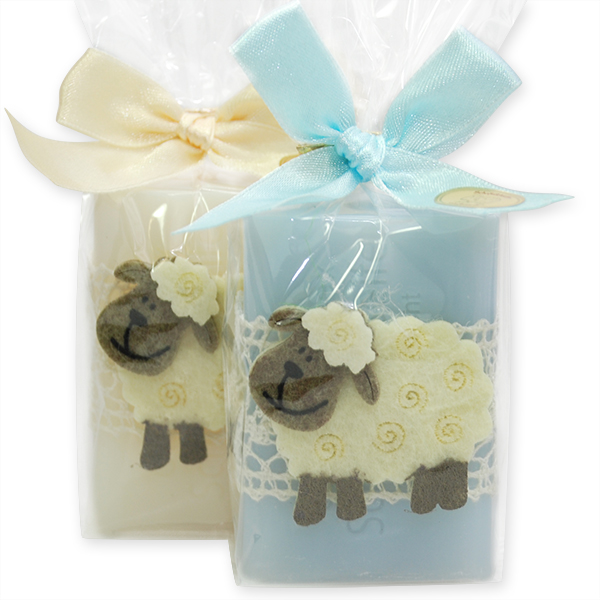 Sheep milk soap 100g, decorated with a sheep in a cellophane, Classic/forget-me-not 