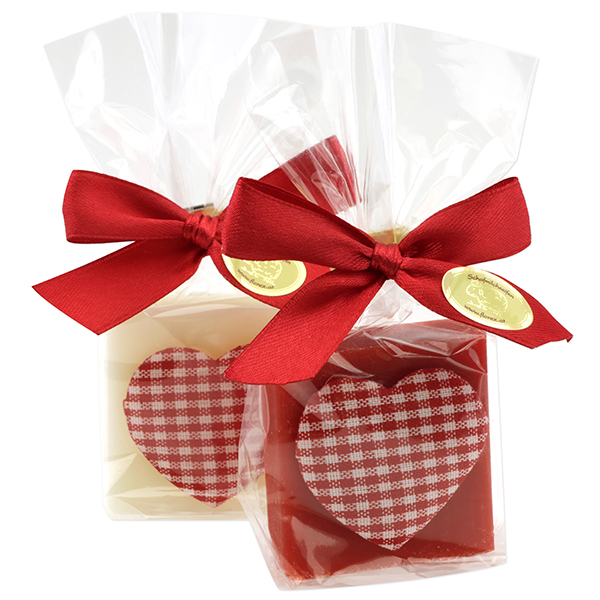 Schafmilchseife Quadrat 35g dekoriert mit Herz rot kariert in Cello, Classic/Granatapfel 