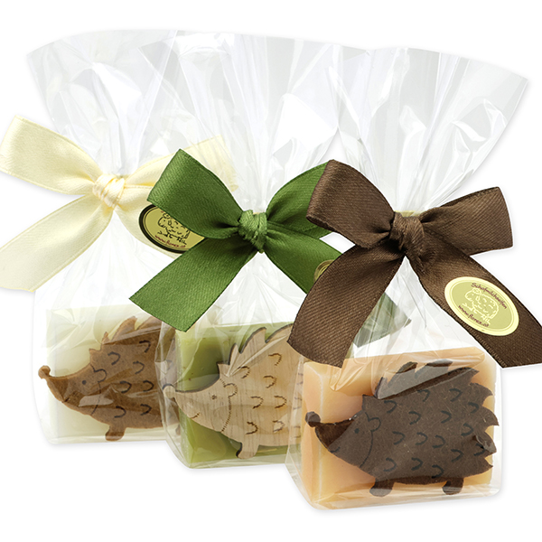 Schafmilchseife Gästeseife 25g dekoriert mit Igel in Cello, sortiert 