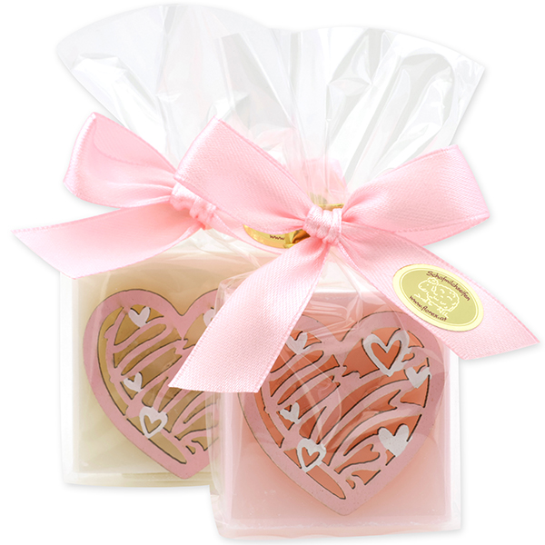 Schafmilchseife Quadrat 35g dekoriert mit Herz in Cello, Classic/Jasmin 